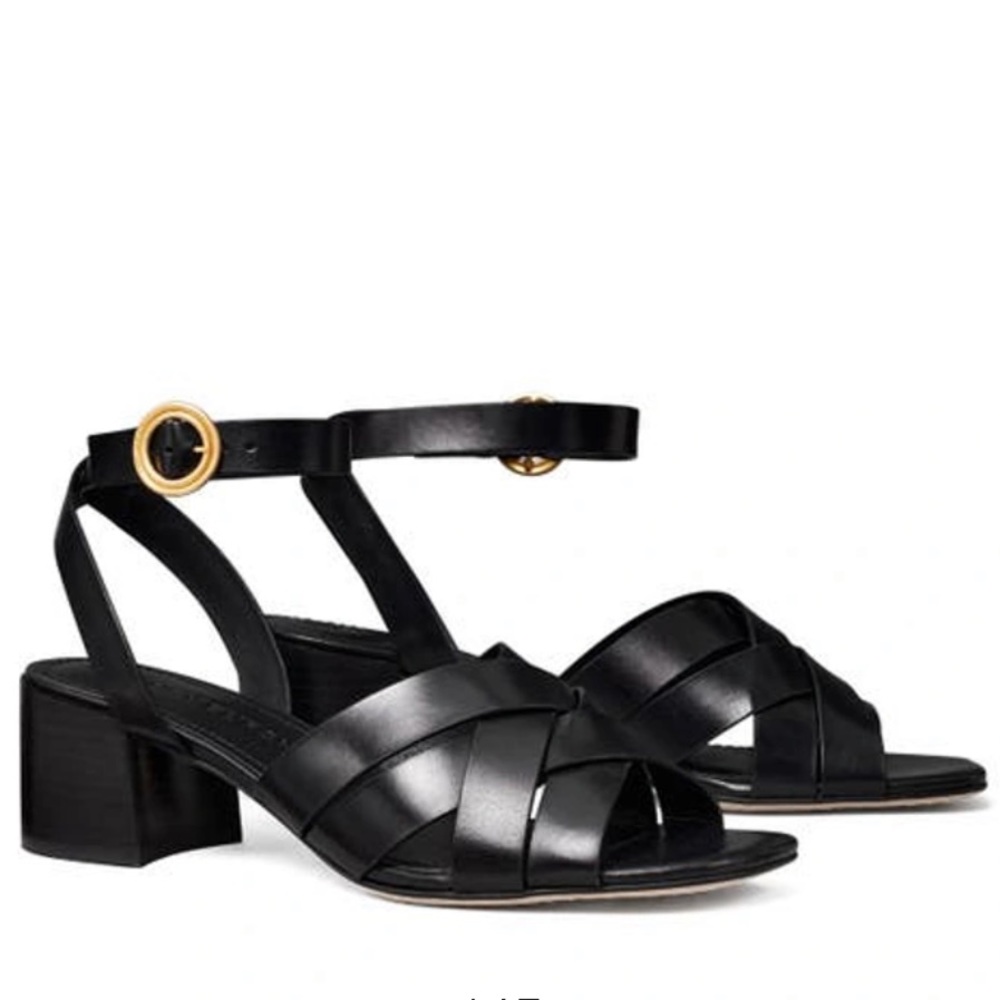 Tory Burch City Heel Ankle Strap Sandal In Perfect Black Leather Block